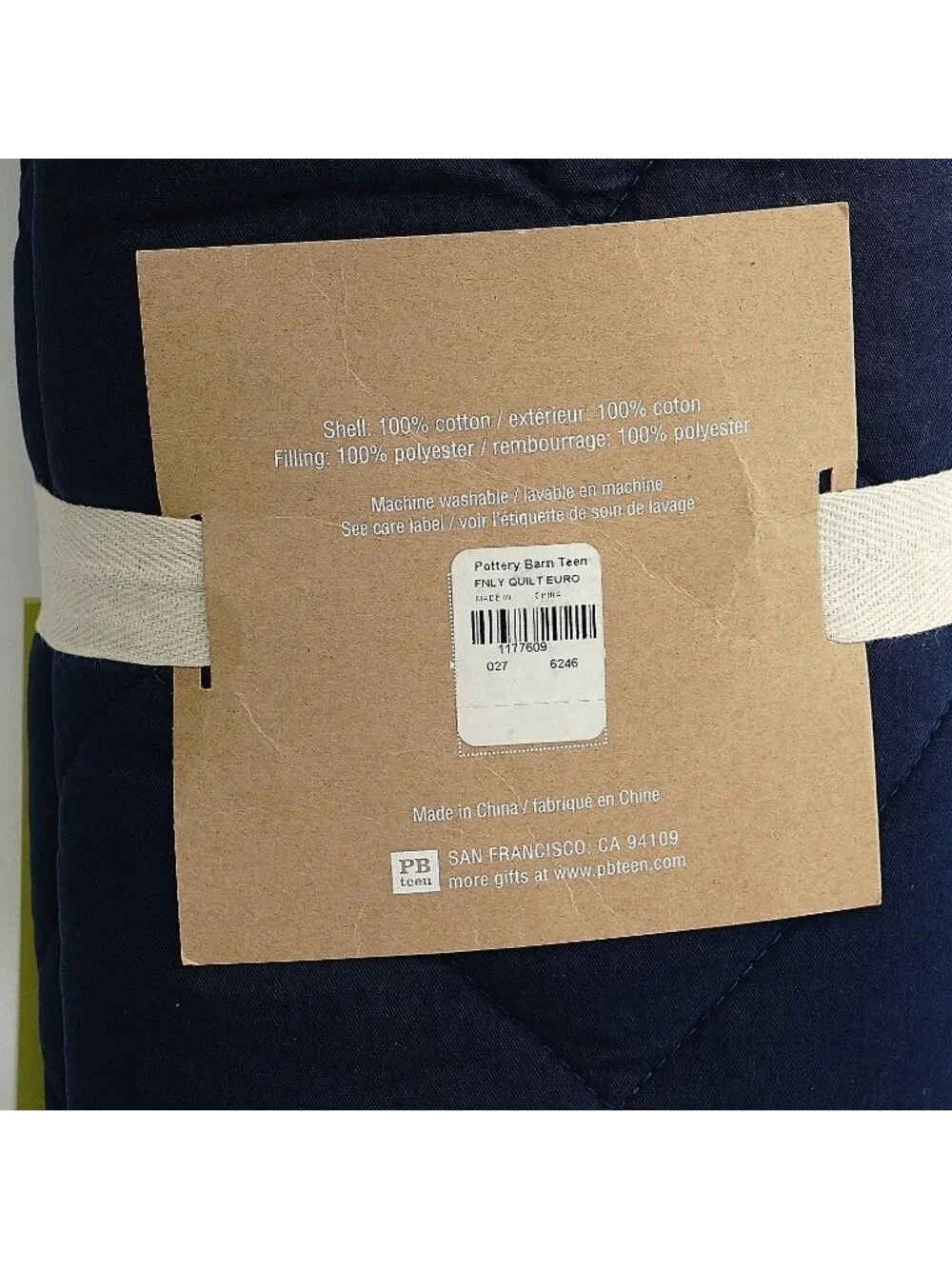 POTTERY BARN TEEN Finley Euro Sham Navy Blue Cotton Quilted Nautical- New